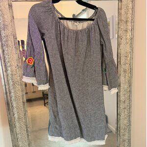 Linen Cotton Lined Embroidered Mini Dress